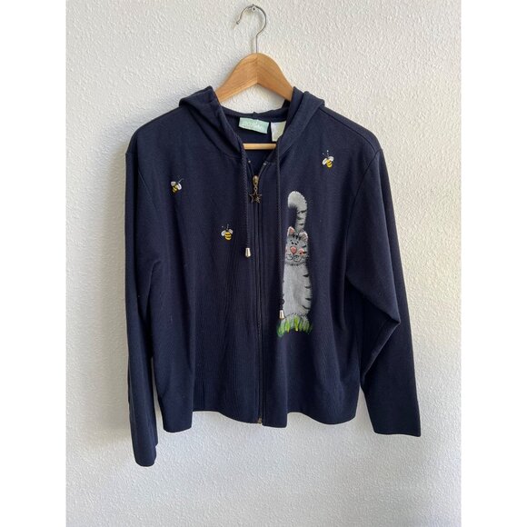 220 Hikory vintage cat and bee print zip-up sweater waffle knit size MEDIUM - Picture 8 of 8